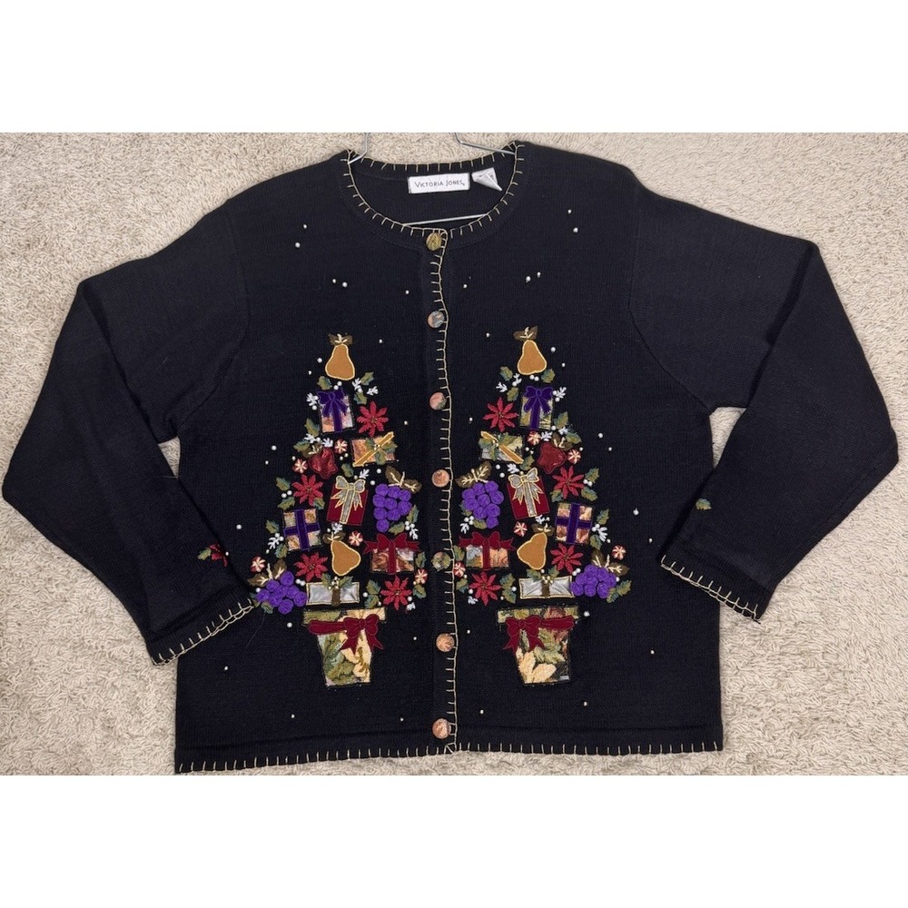 VTG Victoria Jones Christmas Topiary Tree Cardigan Sweater Women's XL Holiday